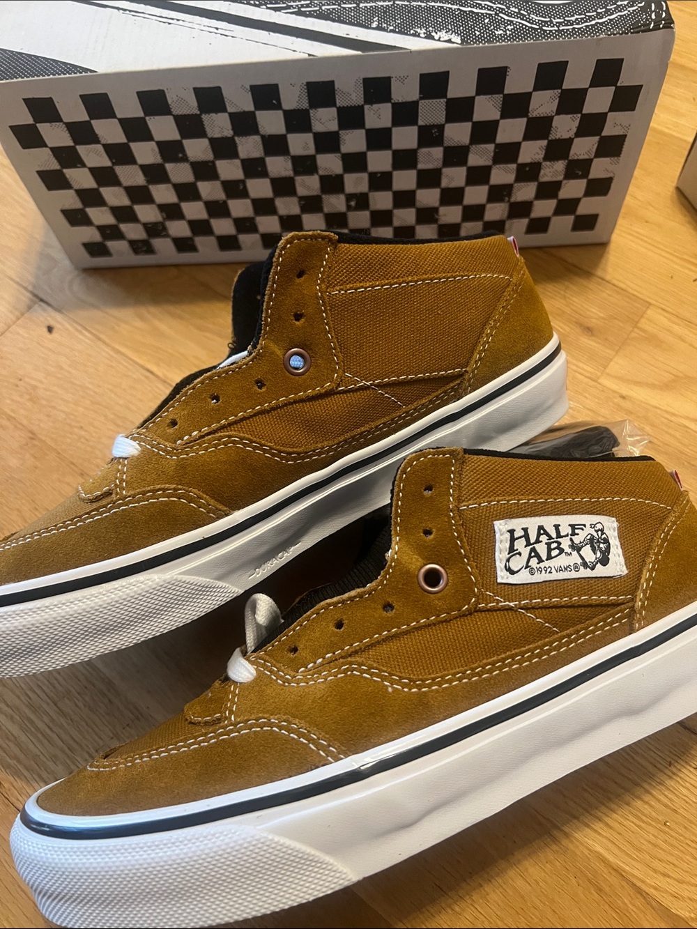 Vans Half Cab Suede Sneakers in Mustard Brown with White Accents
